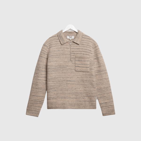 Wax Alpha Zip L/S Polo Space Dye - Natural / Grey