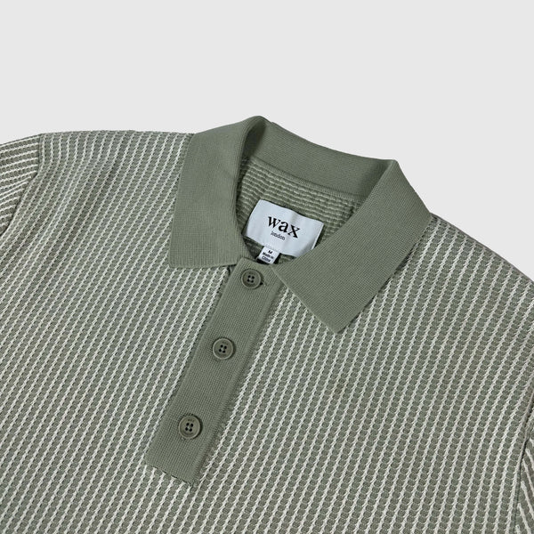 Wax Turin Polo - Ladder Stripe Light Khaki - Front Close Up