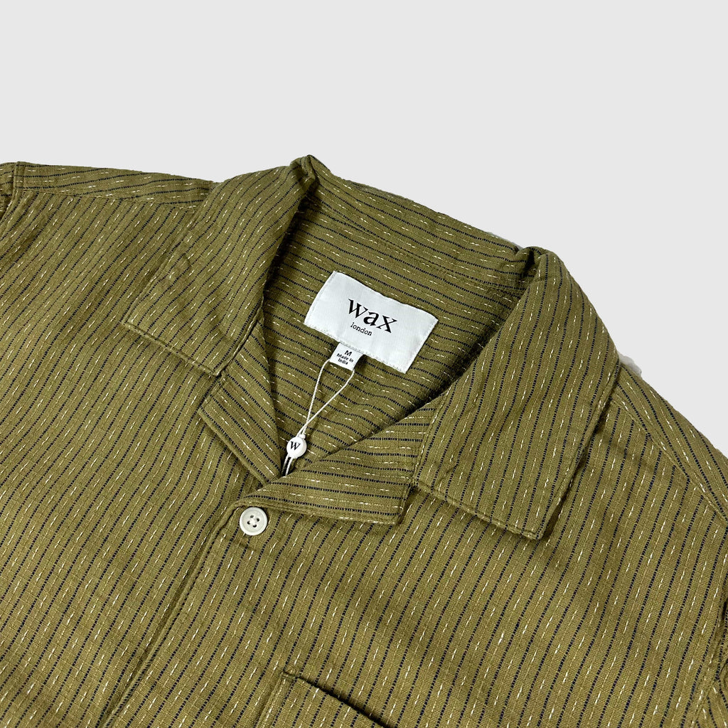 Wax Didcot SS Shirt - Slub Stipe Khaki - Front Close Up