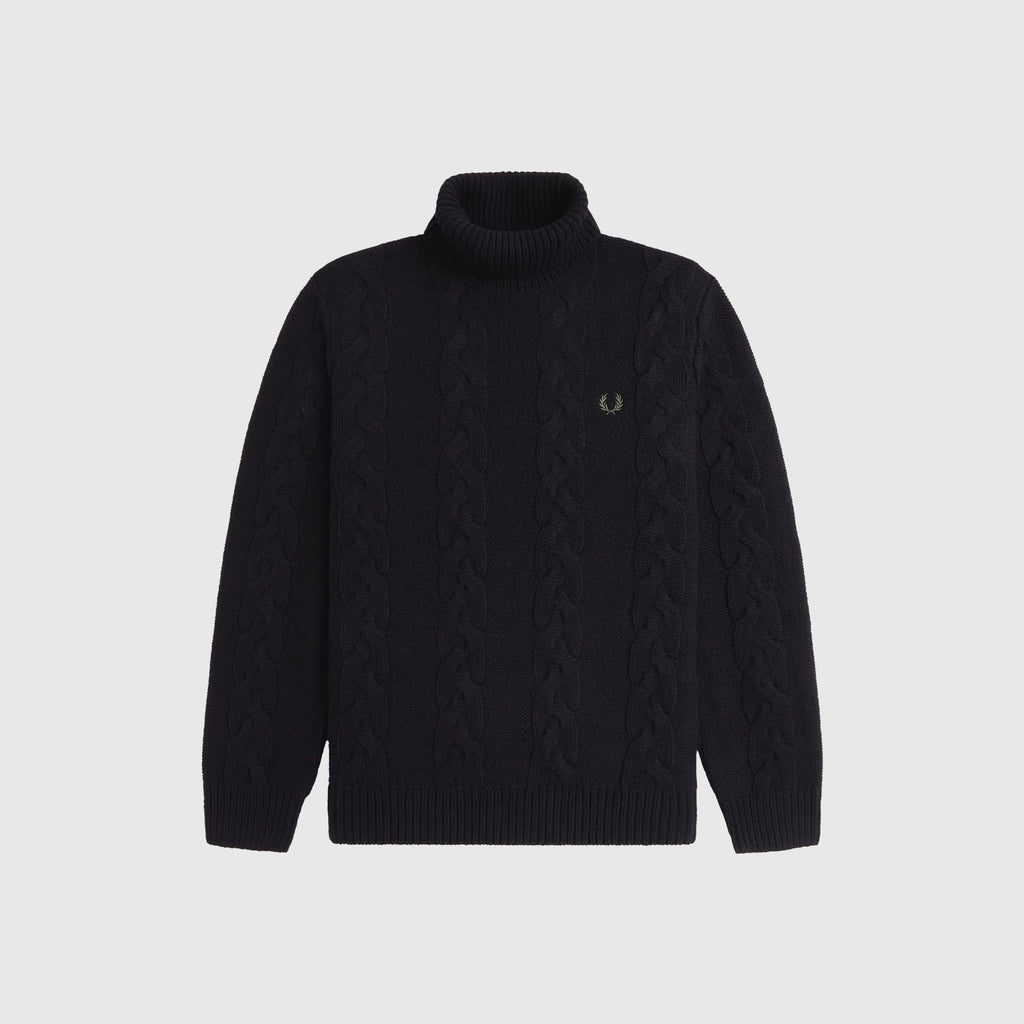 Fred Perry Chunky Cable Knit Roll Neck Jumper - Black - Front