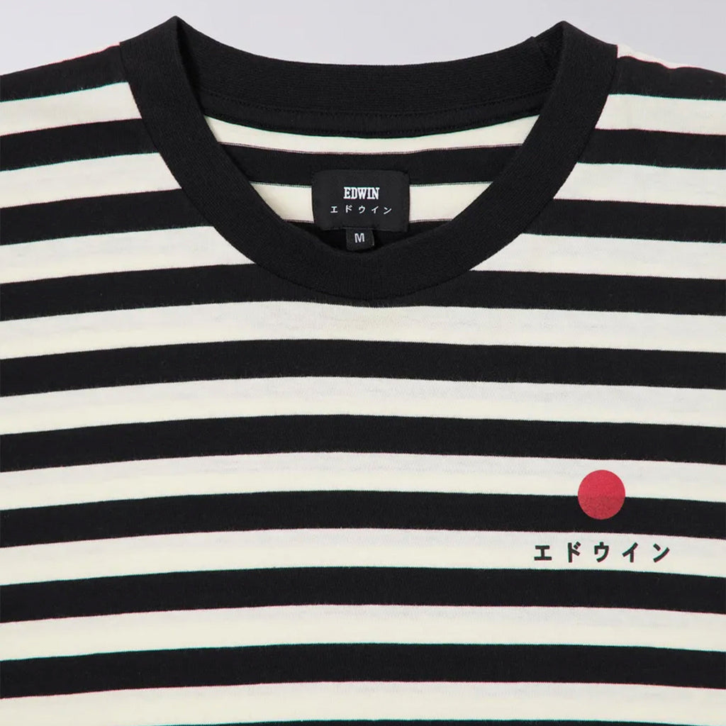Edwin Basic Stipe Tee - Black / White Garment Wash - Front Close Up