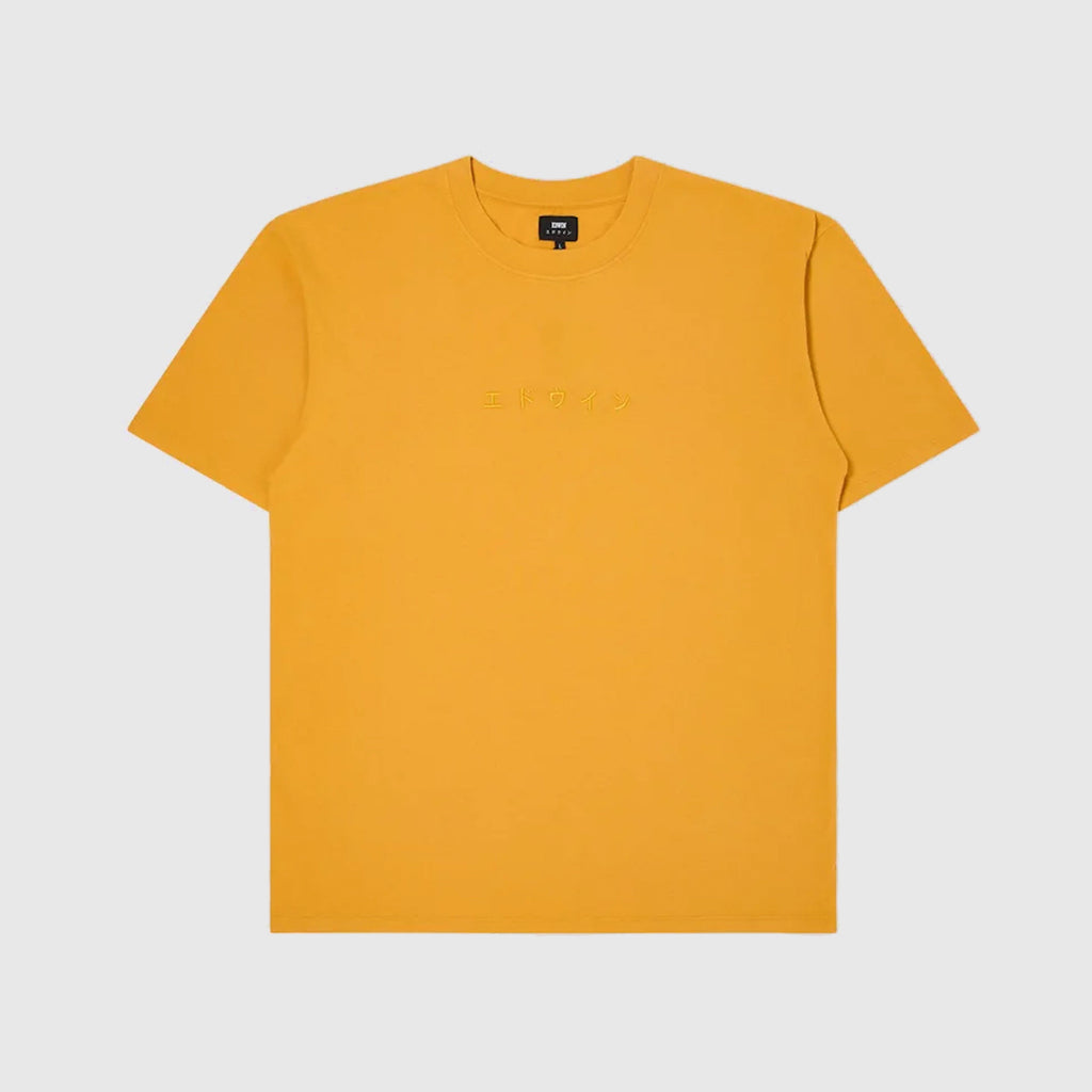 Edwin Katakana Embroidery Tee - Golden Yellow Ton In Ton Emb - Front