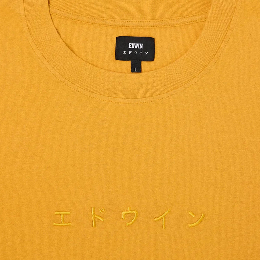 Edwin Katakana Embroidery Tee - Golden Yellow Ton In Ton Emb - Close Up Front