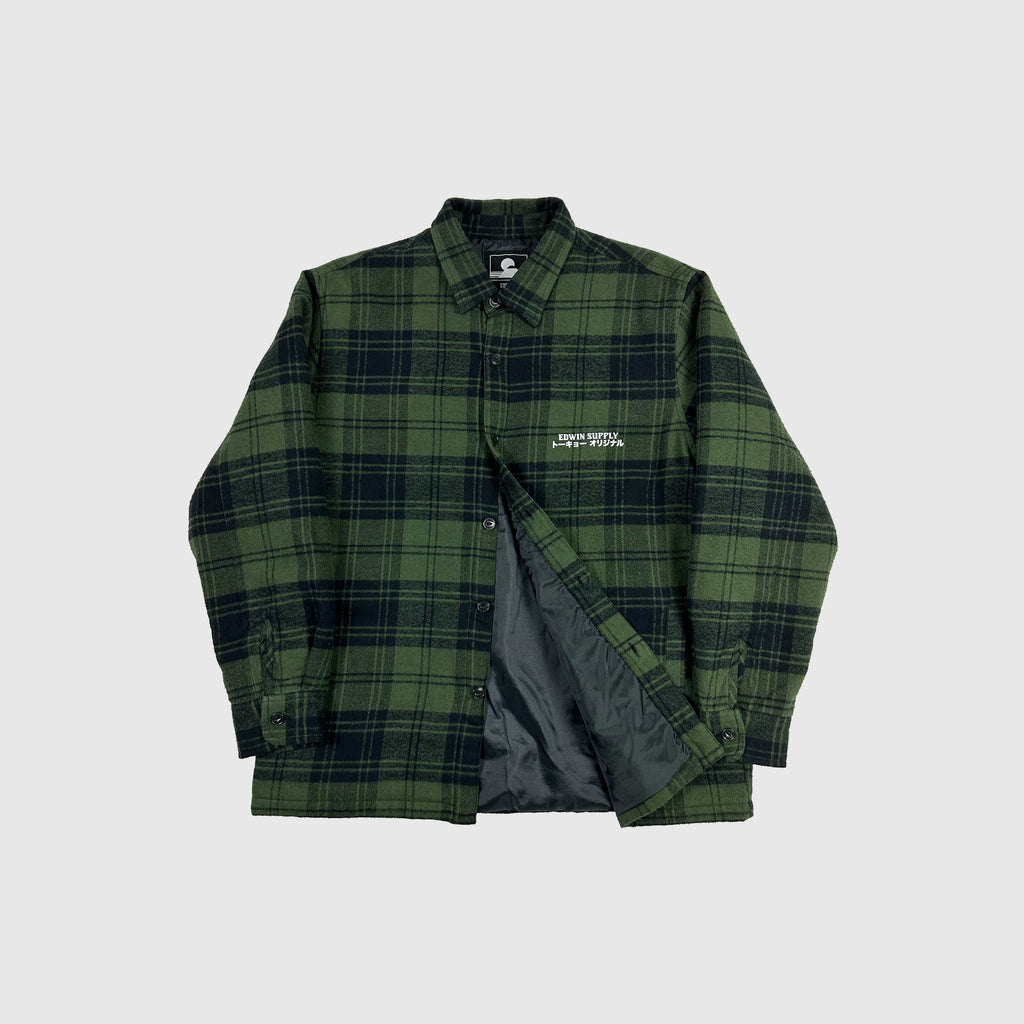 Edwin Sven Shirt Lined LS Mid Flannel - Brushed Ivy / Black Garment Washed - Front Open