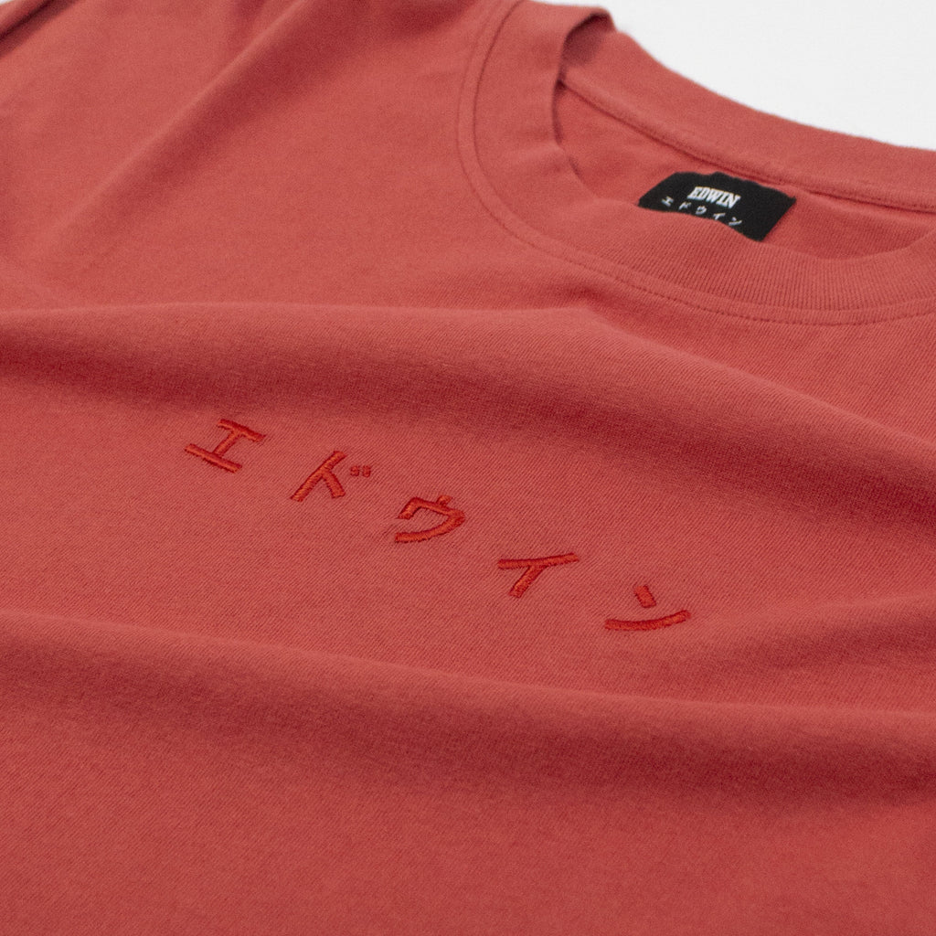 Edwin LS Katakana Embroidery Tee - Burnished Sunset Embroidered Text 