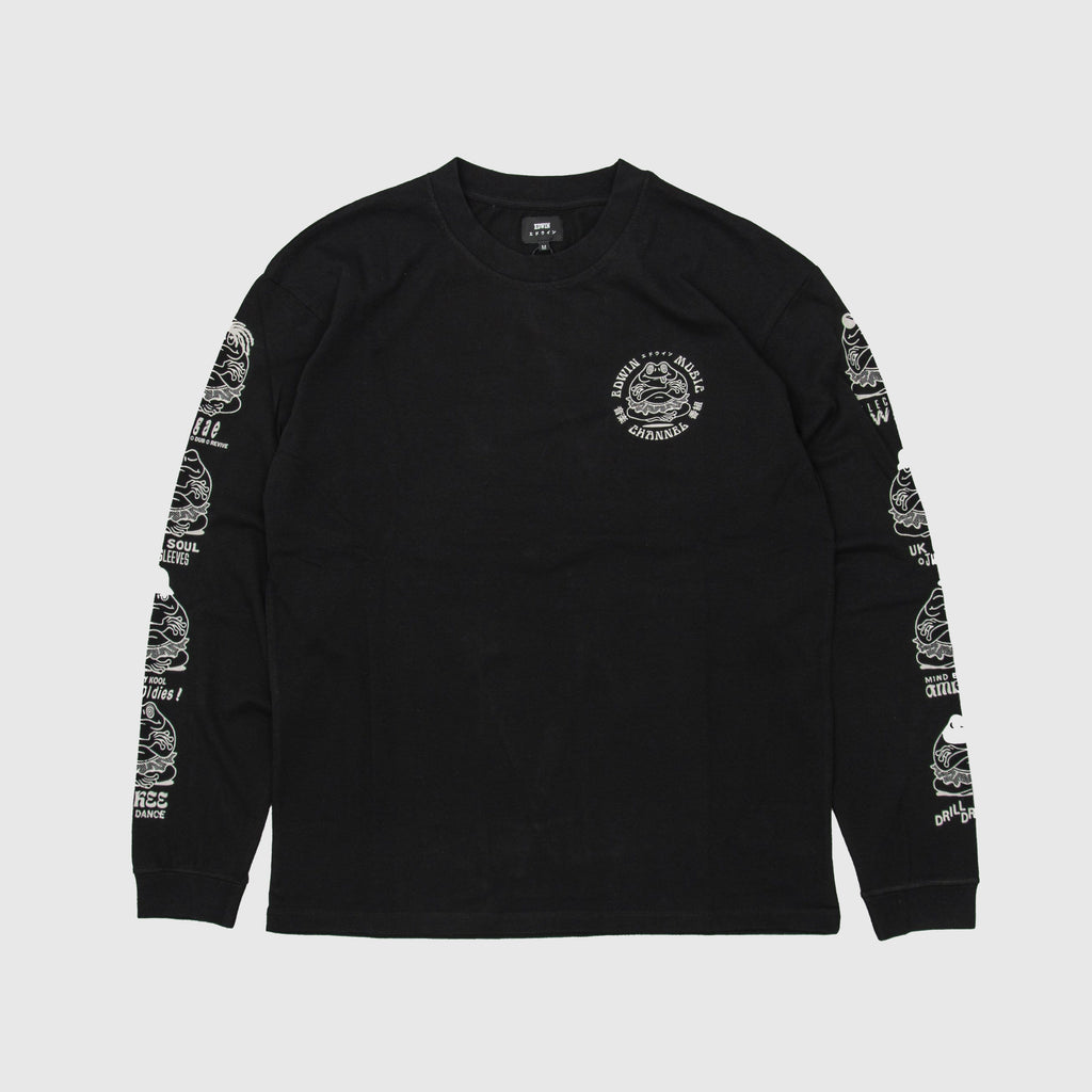  Edwin LS Music Channel Tee - Black Garment WashedFront With Sleeve And Chest Graphics 
