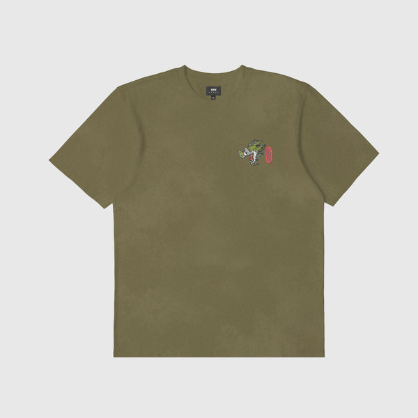 Edwin SS Dragon Tee - Uniform Green Garment Dyed Front With Embroidered Graphic