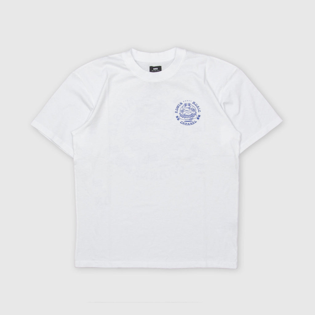 Edwin SS Music Channel Tee - White Garment Washed Front With Left Chest Graphic 