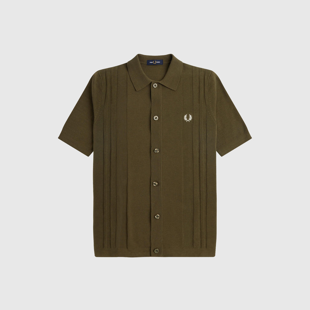 Fred Perry Button Through Knitted Shirt - Uniform Green - Front