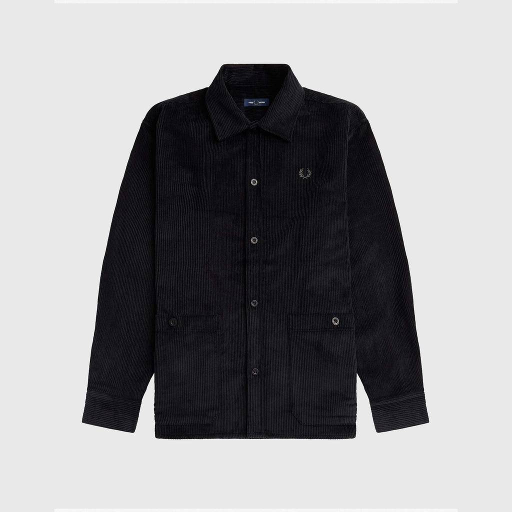 Fred Perry Corduroy Overshirt - Black - Front With Left Chest Embroidered Logo
