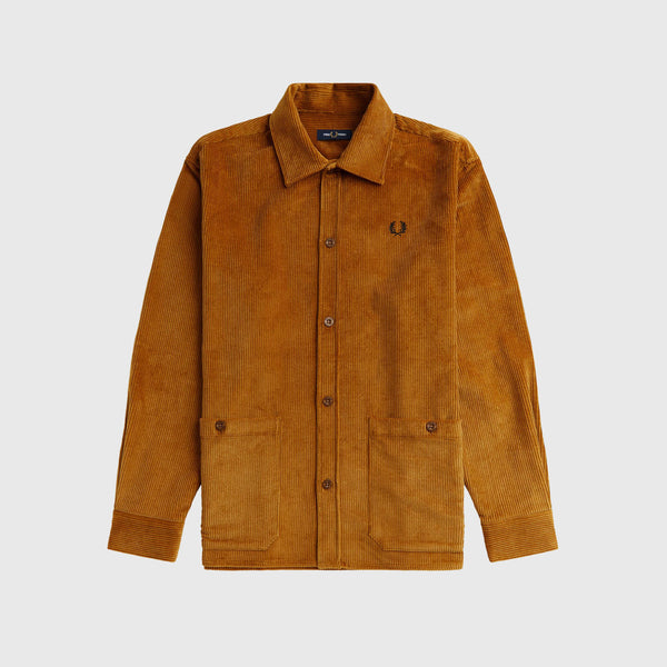 Fred Perry Corduroy Overshirt - Dark Caramel - Front With Left Chest Embroidered Logo
