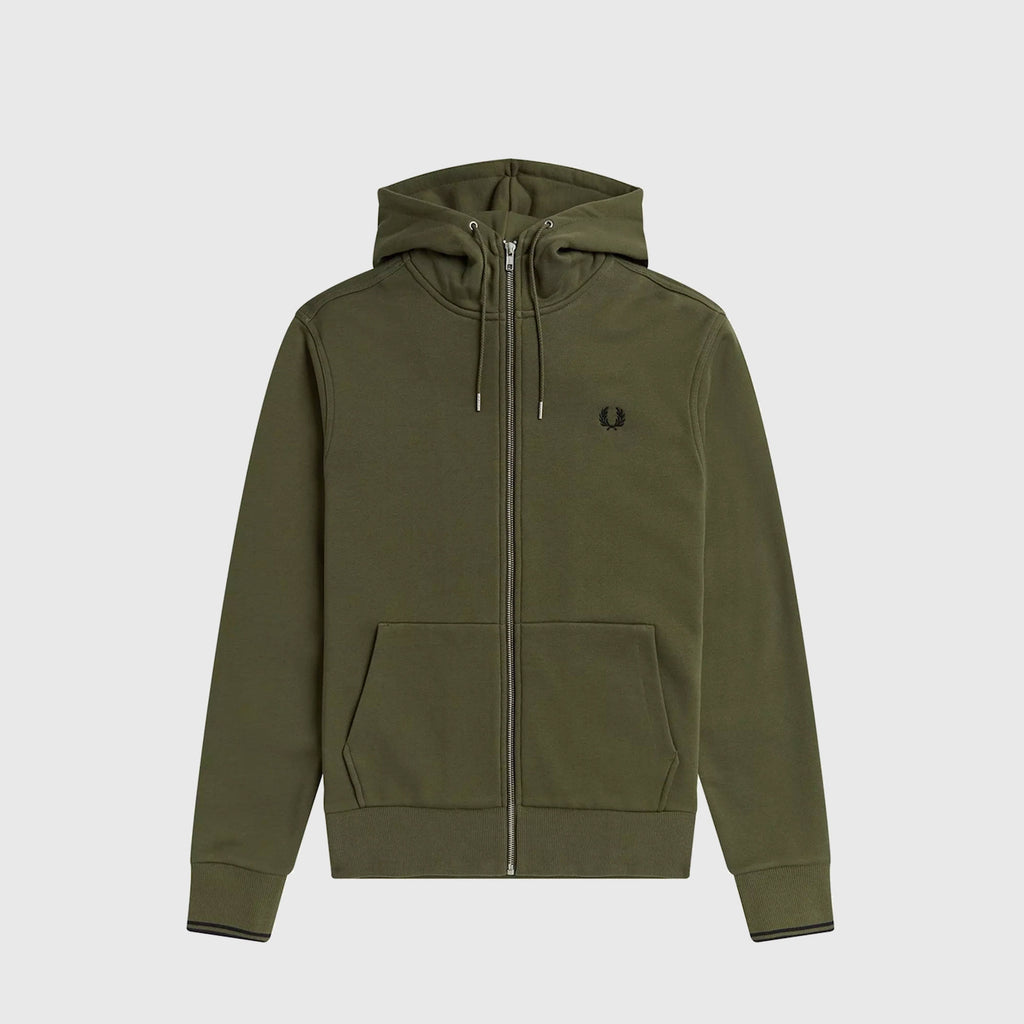 Fred Perry Hooded Zip Through Sweat Shirt - Military Green - Front