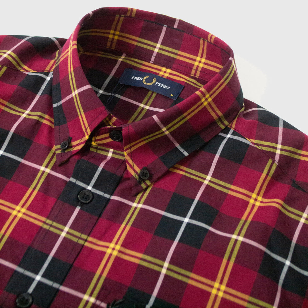 Fred Perry Tartan Long Sleeve - Tawny / Port - Close Up
