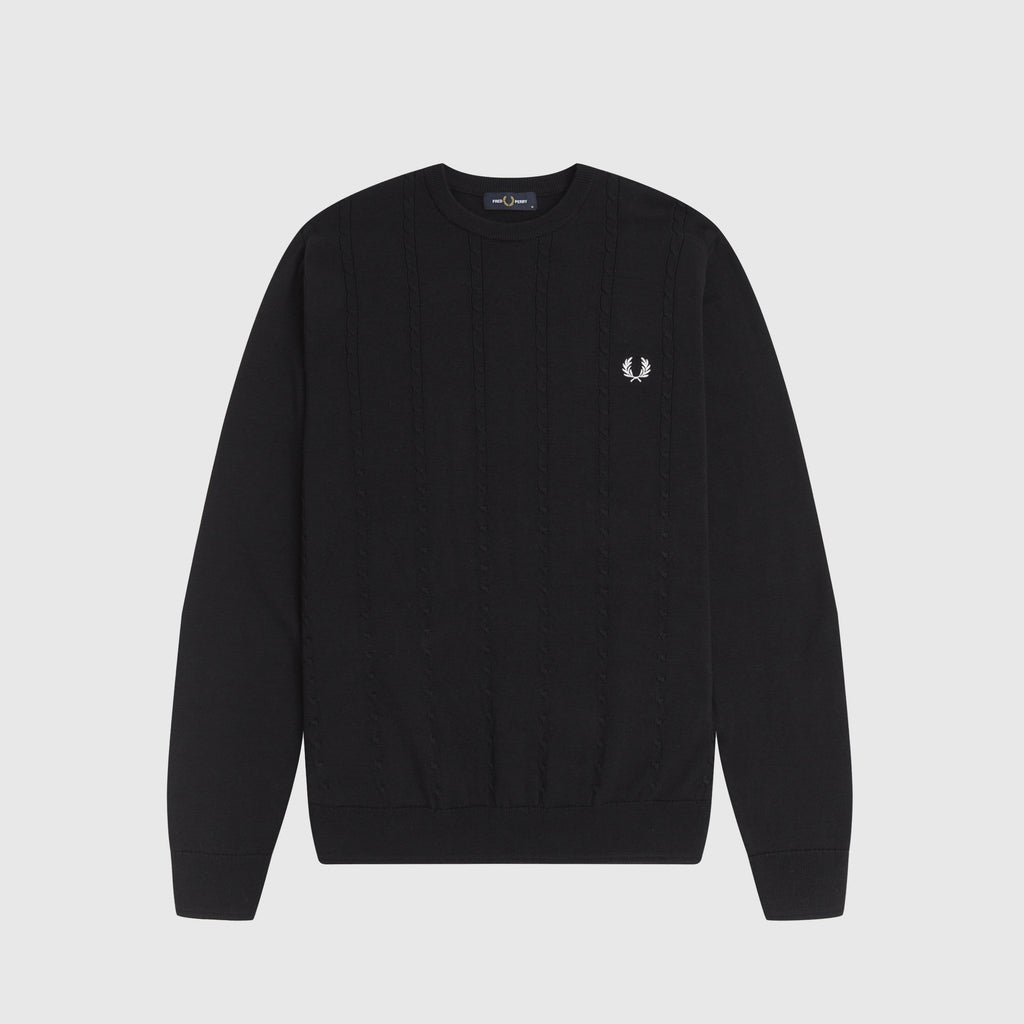 Fred Perry Cable Knit Crew Neck Jumper - Black Front With Cable Knit And Chest Logo 