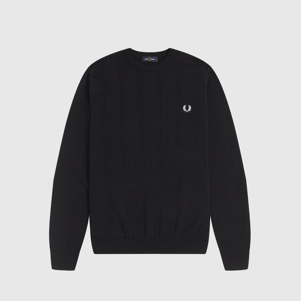 Fred Perry Cable Knit Crew Neck Jumper - Black Front With Cable Knit And Chest Logo 