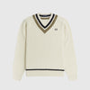 Fred Perry Striped V Neck Jumper - Ecru Front With Chest logo 