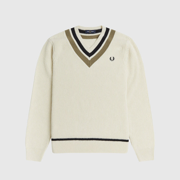 Fred Perry Striped V Neck Jumper - Ecru Front With Chest logo 