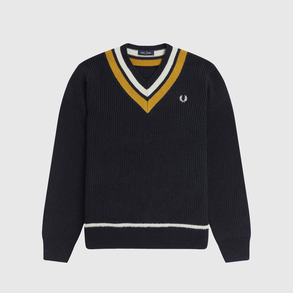 Fred Perry Striped V Neck Jumper - Navy Front With Chest Logo 