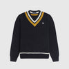 Fred Perry Striped V Neck Jumper - Navy Front With Chest Logo 