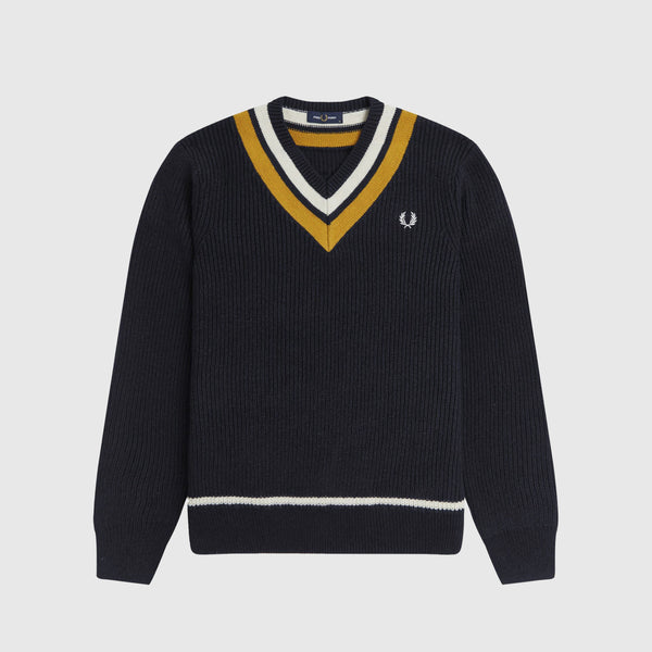 Fred Perry Striped V Neck Jumper - Navy Front With Chest Logo 
