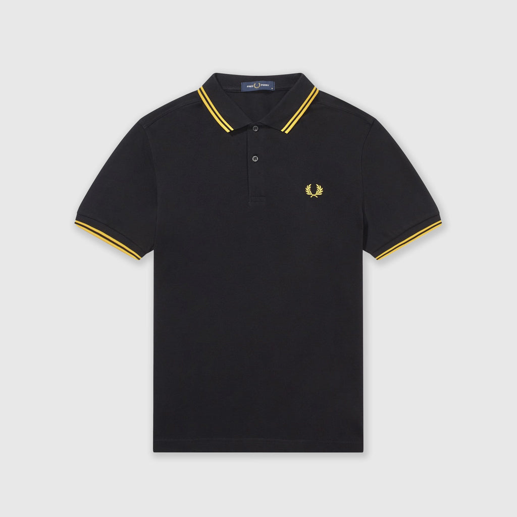 Fred Perry SS Twin Tipped Polo Shirt - Black / New Yellow Front