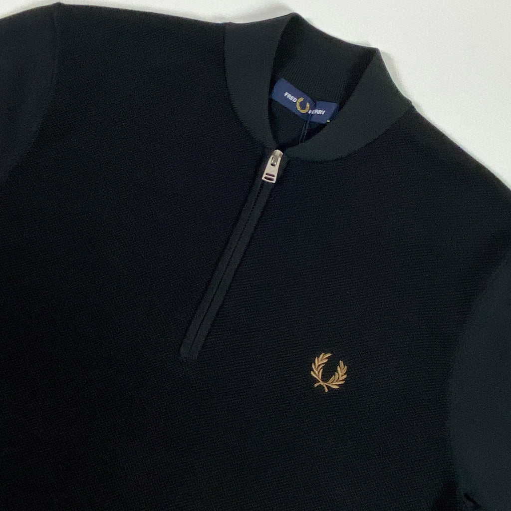 Fred Perry SS Bomber Zip Neck Knitted Shirt Zipper Close Up