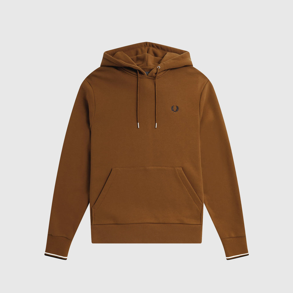 Fred Perry Tipped Hooded Sweatshirt - Dark Caramel - Front With Left Chest Embroidery / Twin Tipped Cuffs