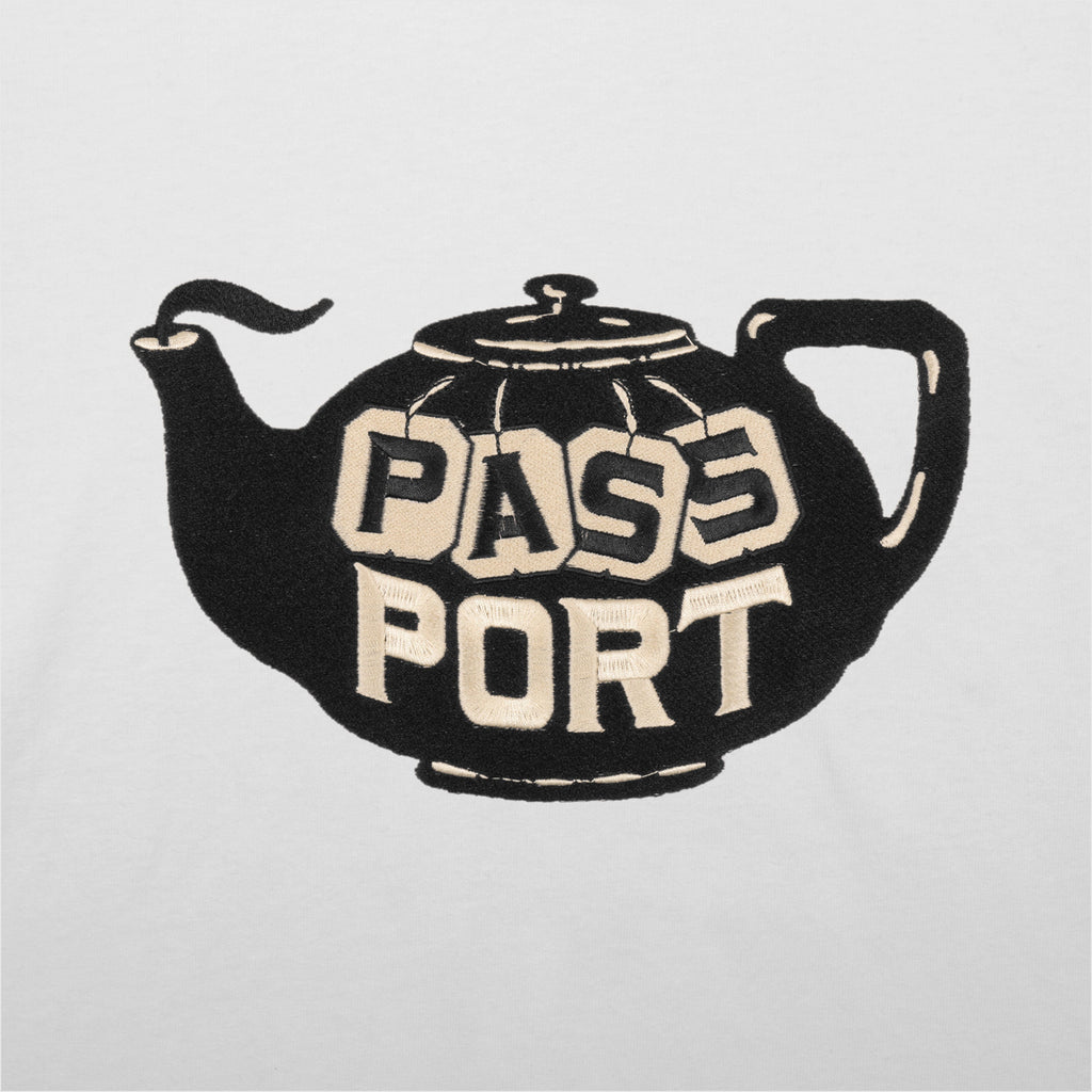 Passport Tea-Pot Embroidery Tee - White - Front Close Up