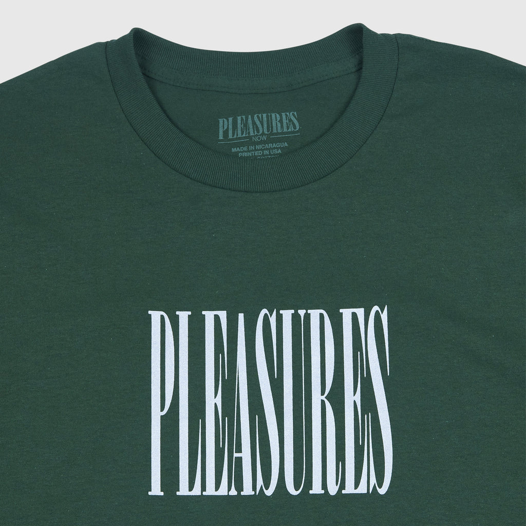 Pleasures SS Stretch Tee - Forest Green Graphic Logo Close Up 