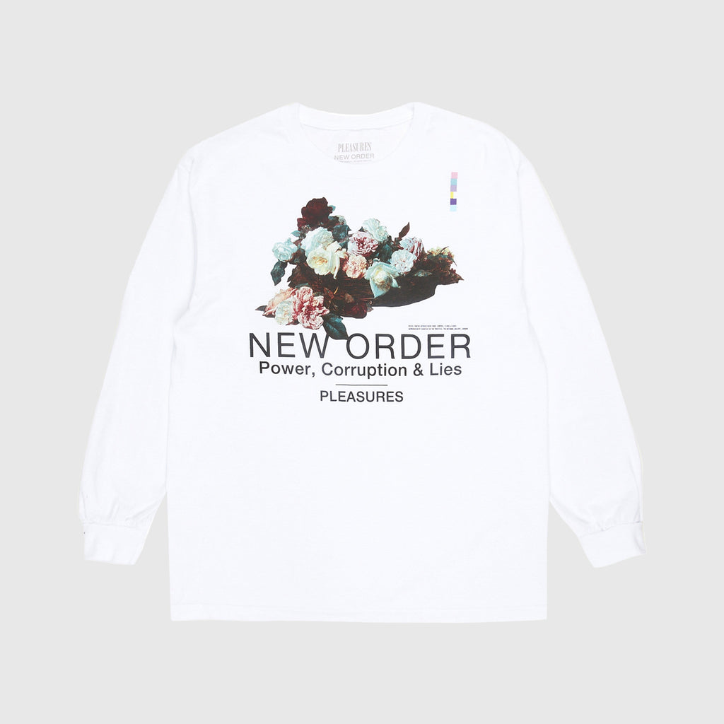 Pleasures x New Order LS Power Tee - White Front With Large Printed Graphic