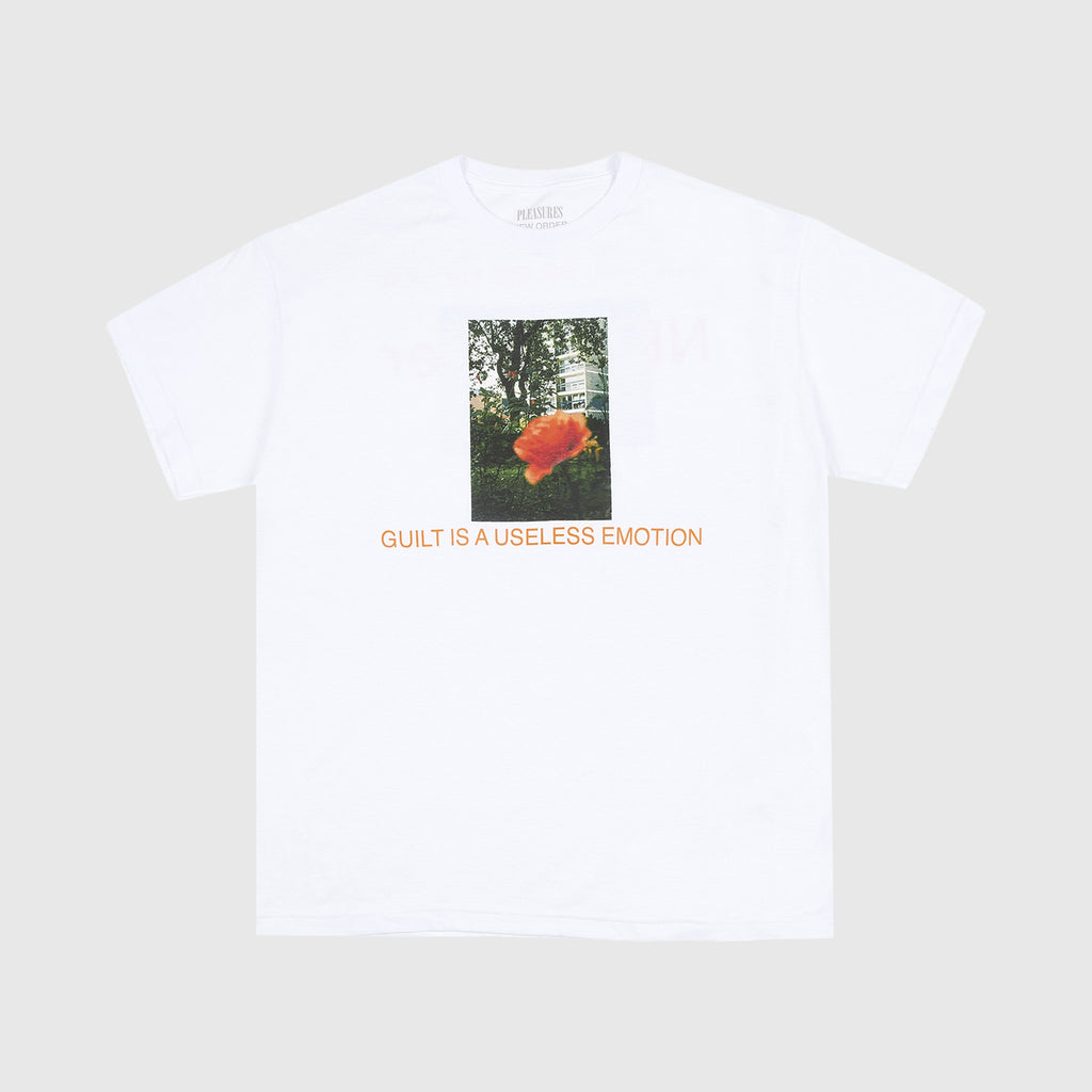Pleasures x New Order SS Guilt Tee - White Front With Graphic And Text 