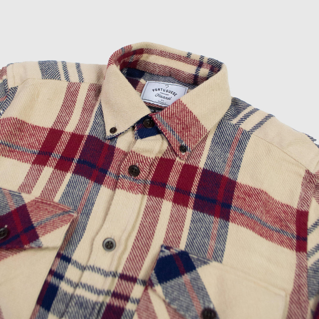 Portuguese Flannel Coachella Check Overshirt - Sand / Navy / Maroon - Front Close Up