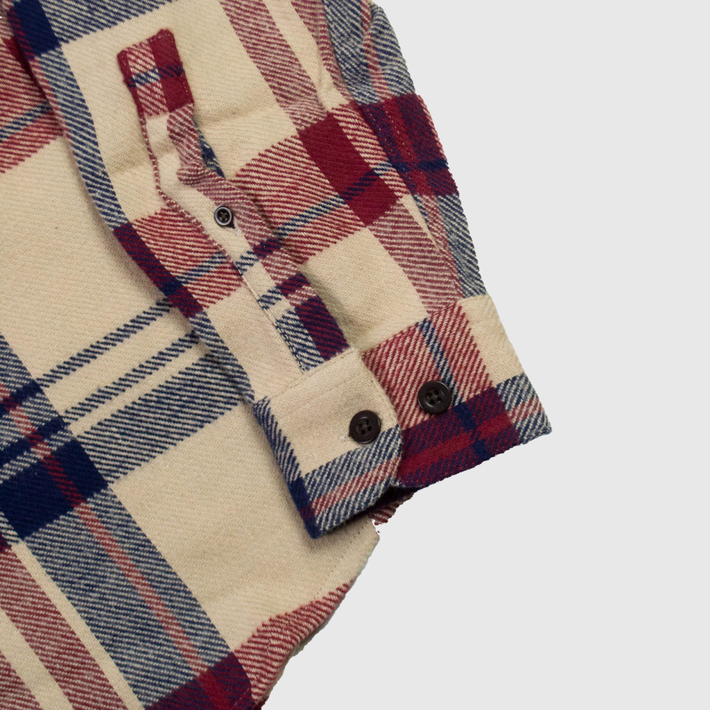 Portuguese Flannel Coachella Check Overshirt - Sand / Navy / Maroon - Front Close Up