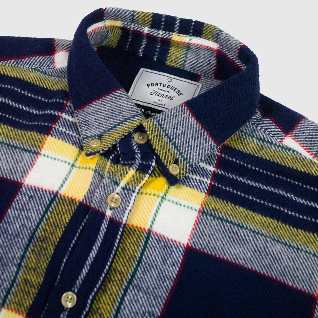 Portuguese Flannel Equi Check ESP Shirt - Navy / Yellow / Green - Close Up