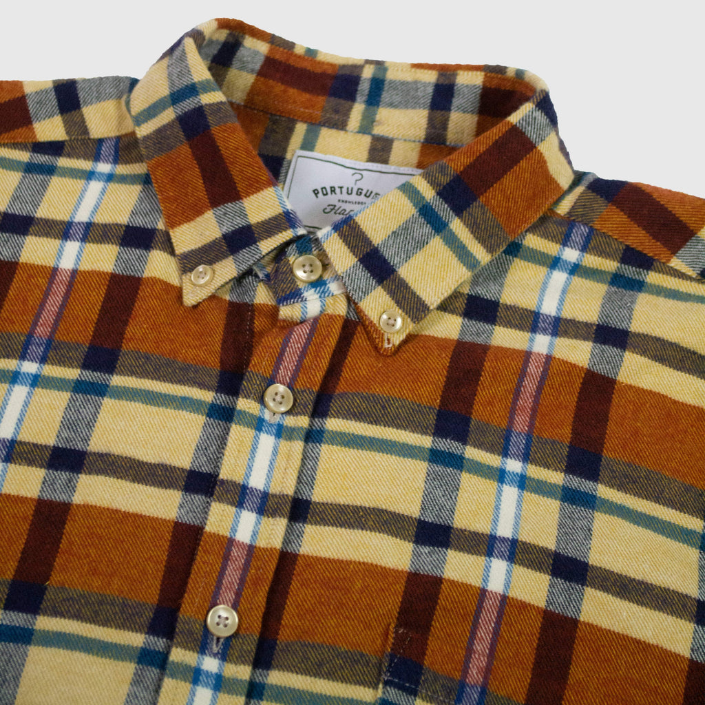 Portuguese Flannel Fall Palette ESP Shirt - Rust / Sand / Blue - Front Close Up