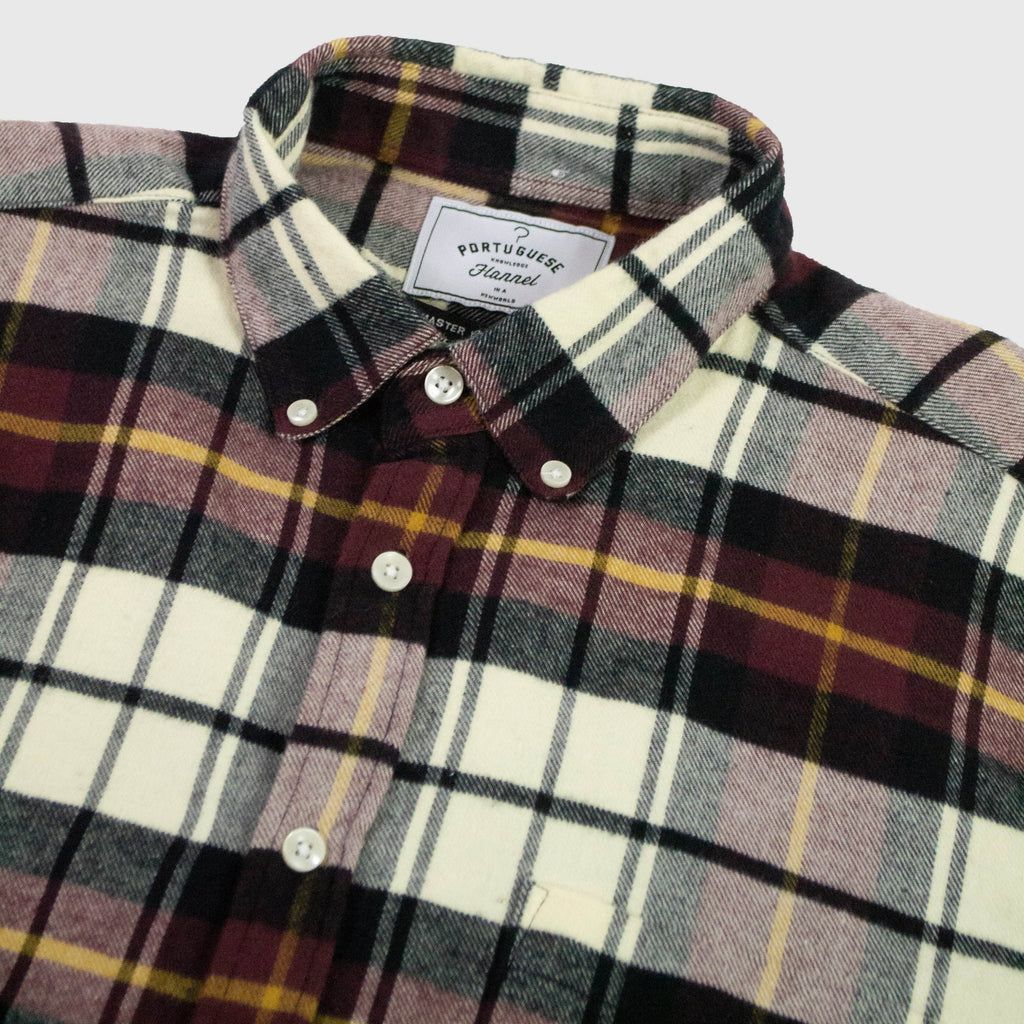 Portuguese Flannel LS Board Shirt - Maroon / Cream / Black - Front Close Up