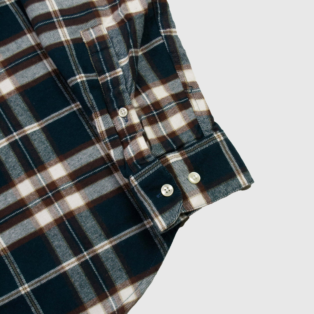 Portuguese Flannel Smooth Check ESP BD - Petrol Blue / Brown / Cream - Front Close Up