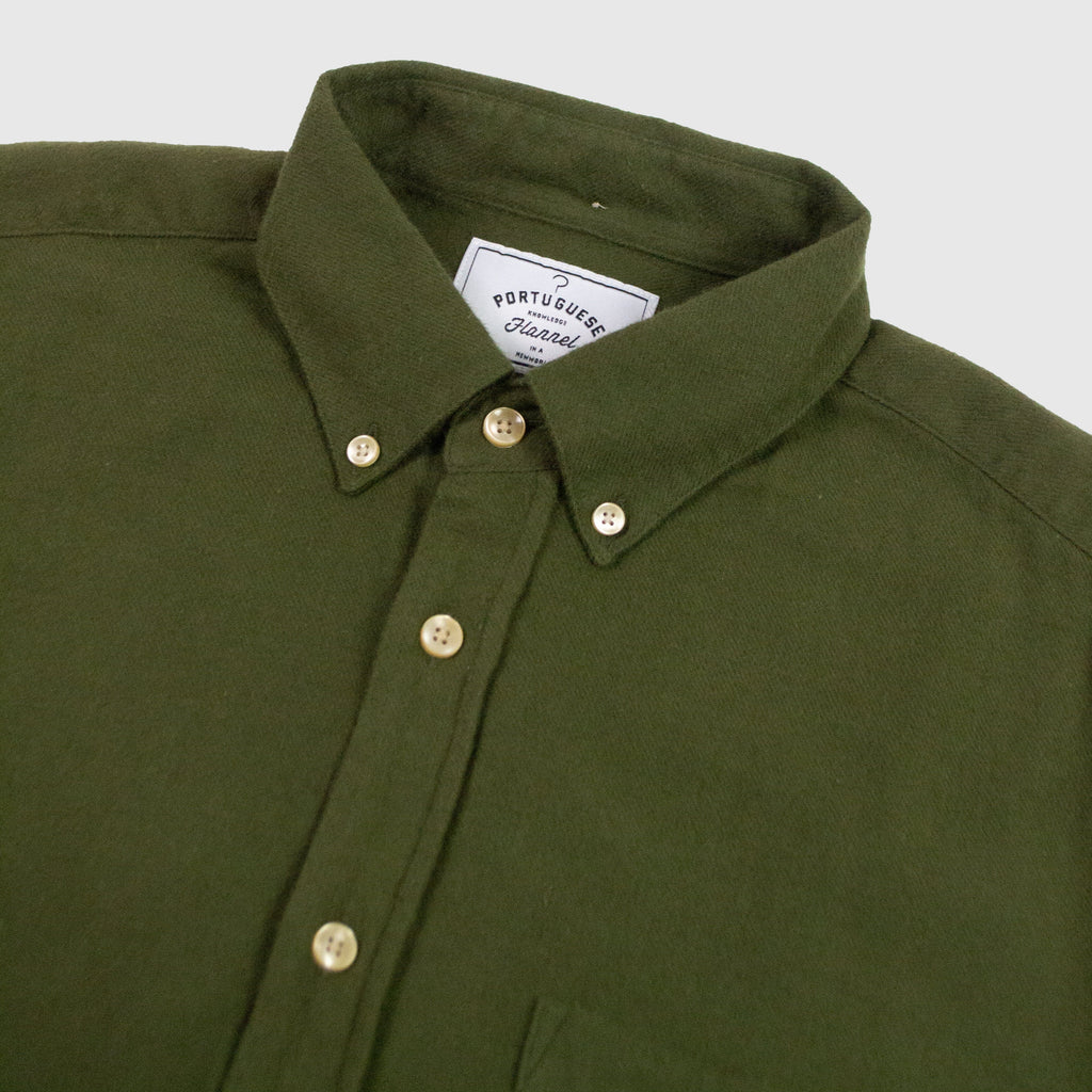 Portuguese Flannel Teca Shirt - Olive - Front Close Up