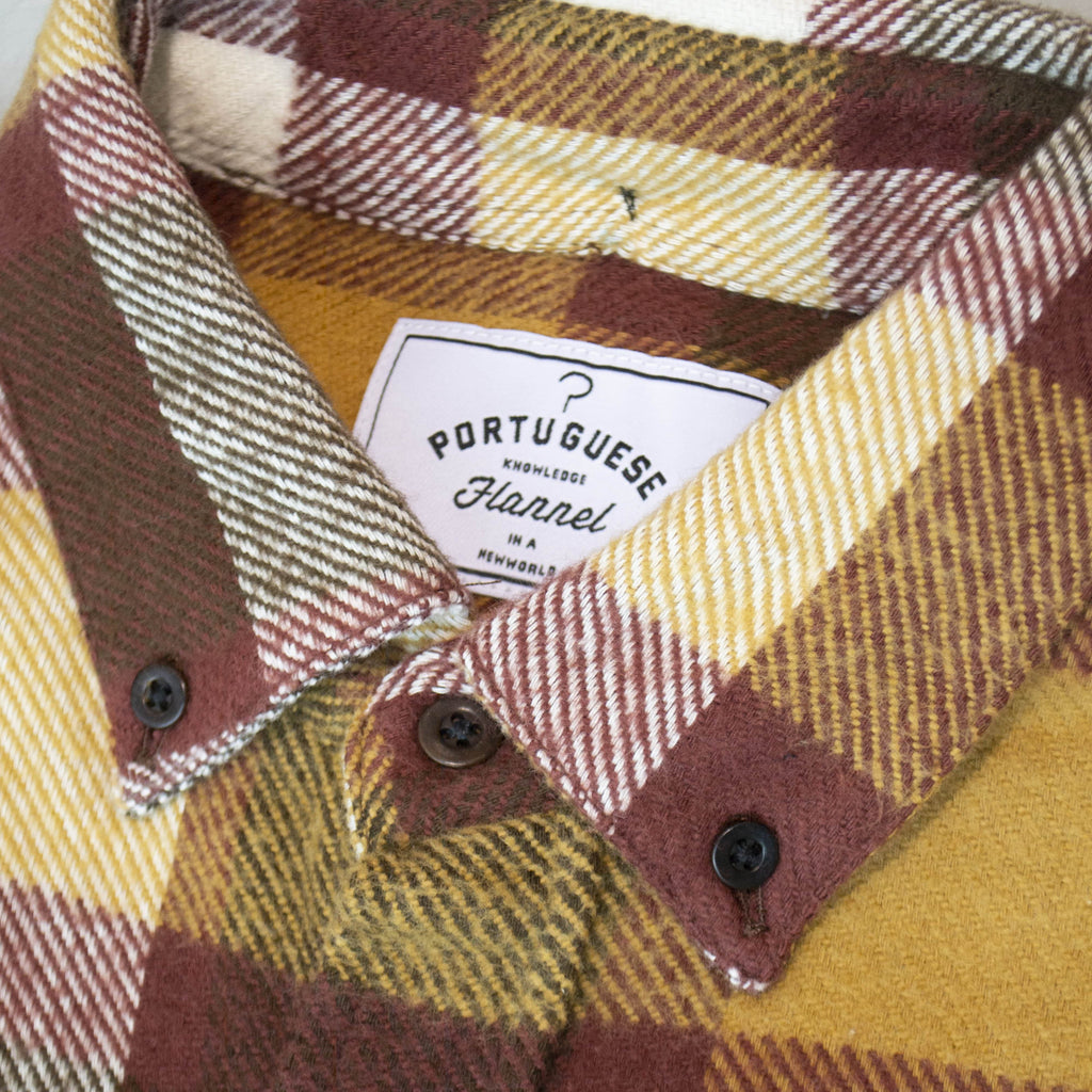 Portuguese Flannel LS Terracota Check Shirt - Multi Collar Close Up