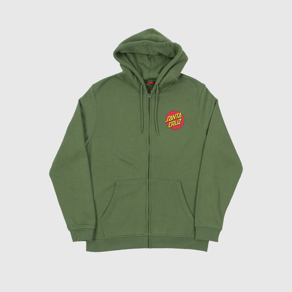 Santa Cruz Classic Dot Zip Hood - Dill Green Front With Full Zip And Left Chest Logo 