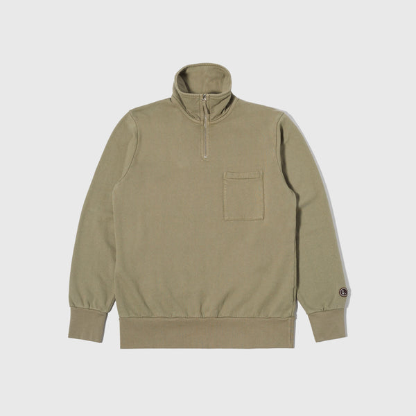 Universal Works Half Zip Sweat Shirt - Light Olive - Front