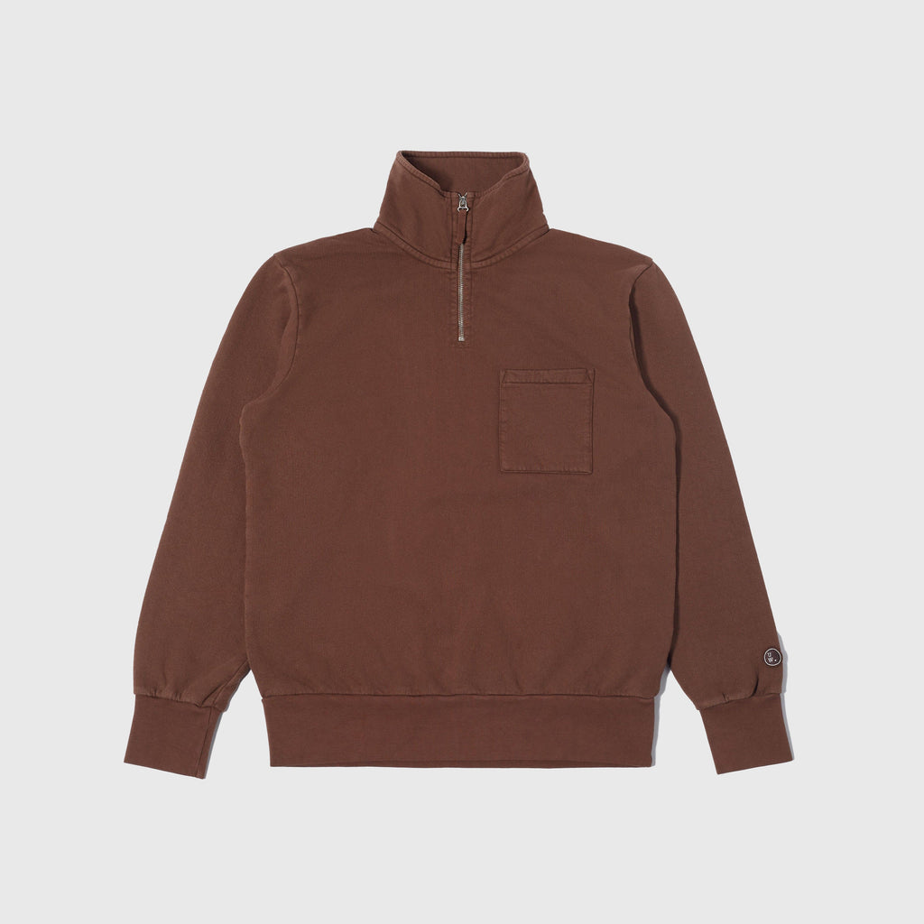 Universal Works Half Zip Sweat Shirt - Brown - Front