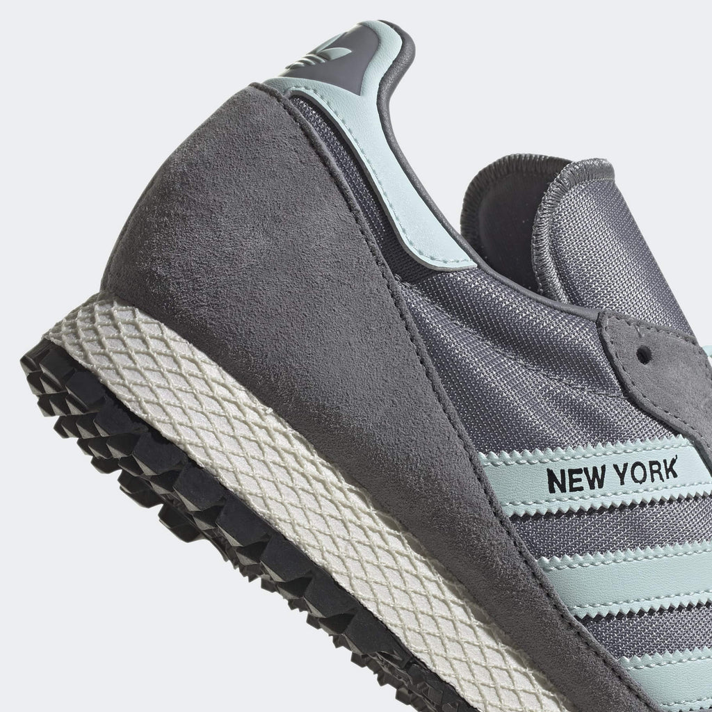 Adidas New York - Grey / Halo Blue / Core Black 3 Stripe And Heel Close Up 