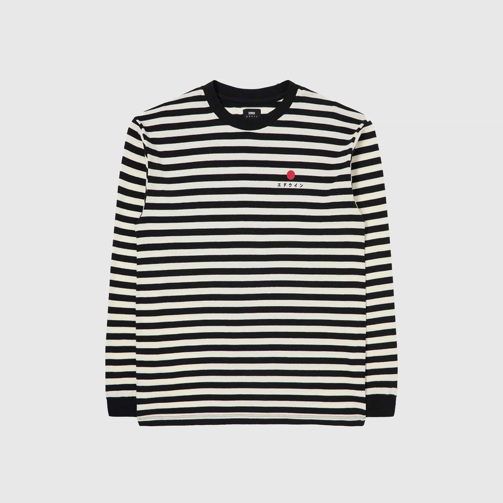 Edwin Basic Stripe TS LS - Black / White Garment Washed - Front