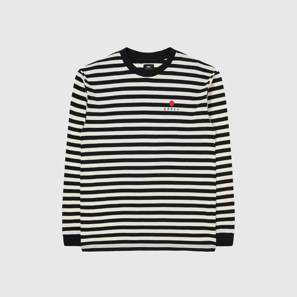 Edwin Basic Stripe TS LS - Black / White Garment Washed - Front