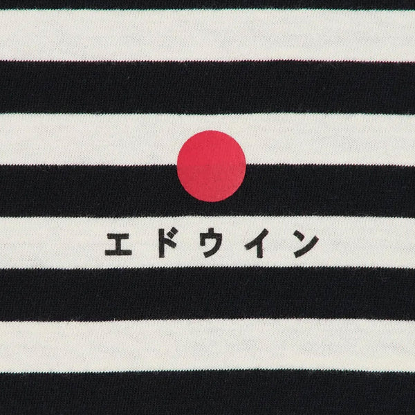 Edwin Basic Stripe TS LS - Black / White Garment Washed - Front Close Up
