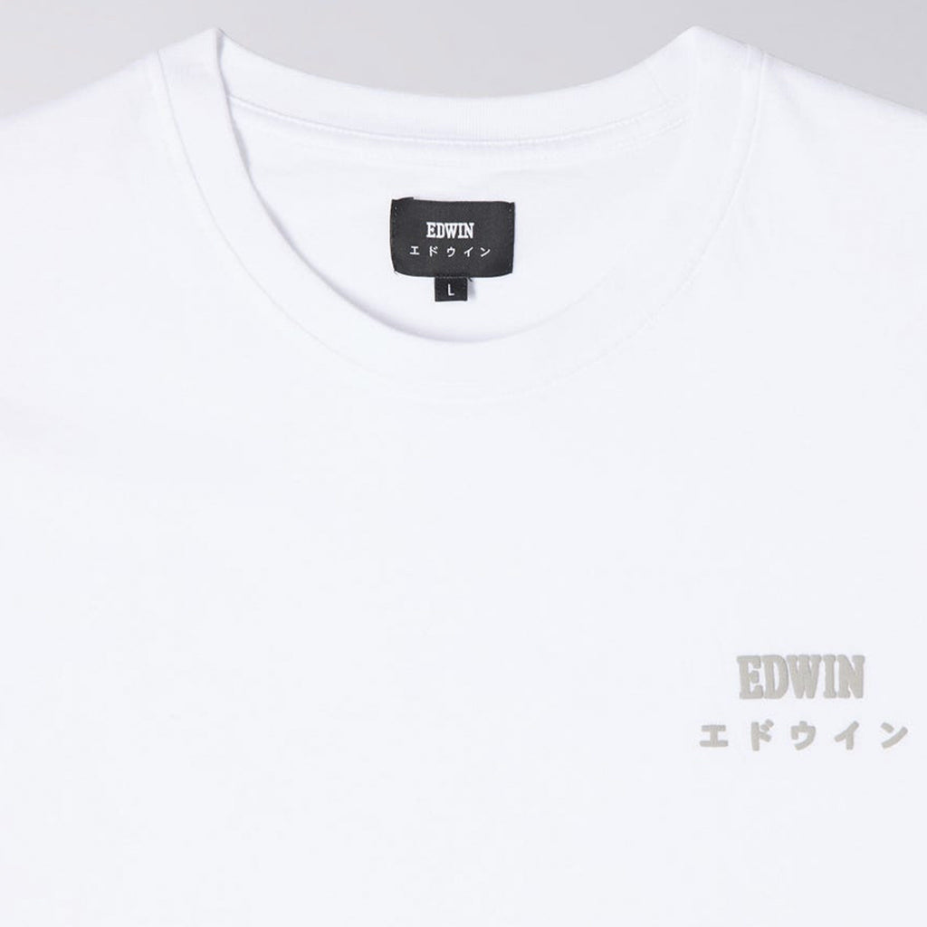 Edwin SS Logo Chest Tee - White Garment Washed Logo