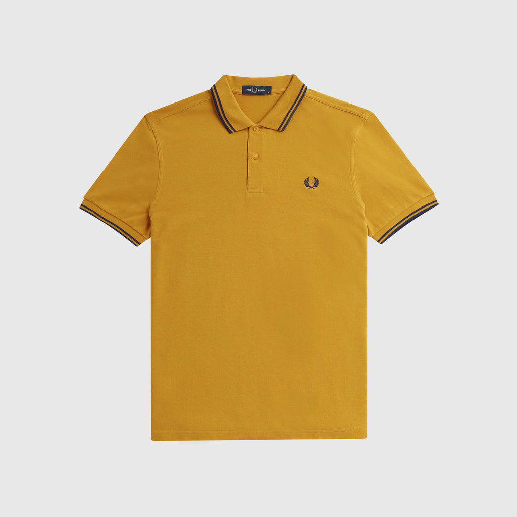 Fred Perry SS Twin Tipped Polo Shirt - Gold / French Navy Front With Chest Logo