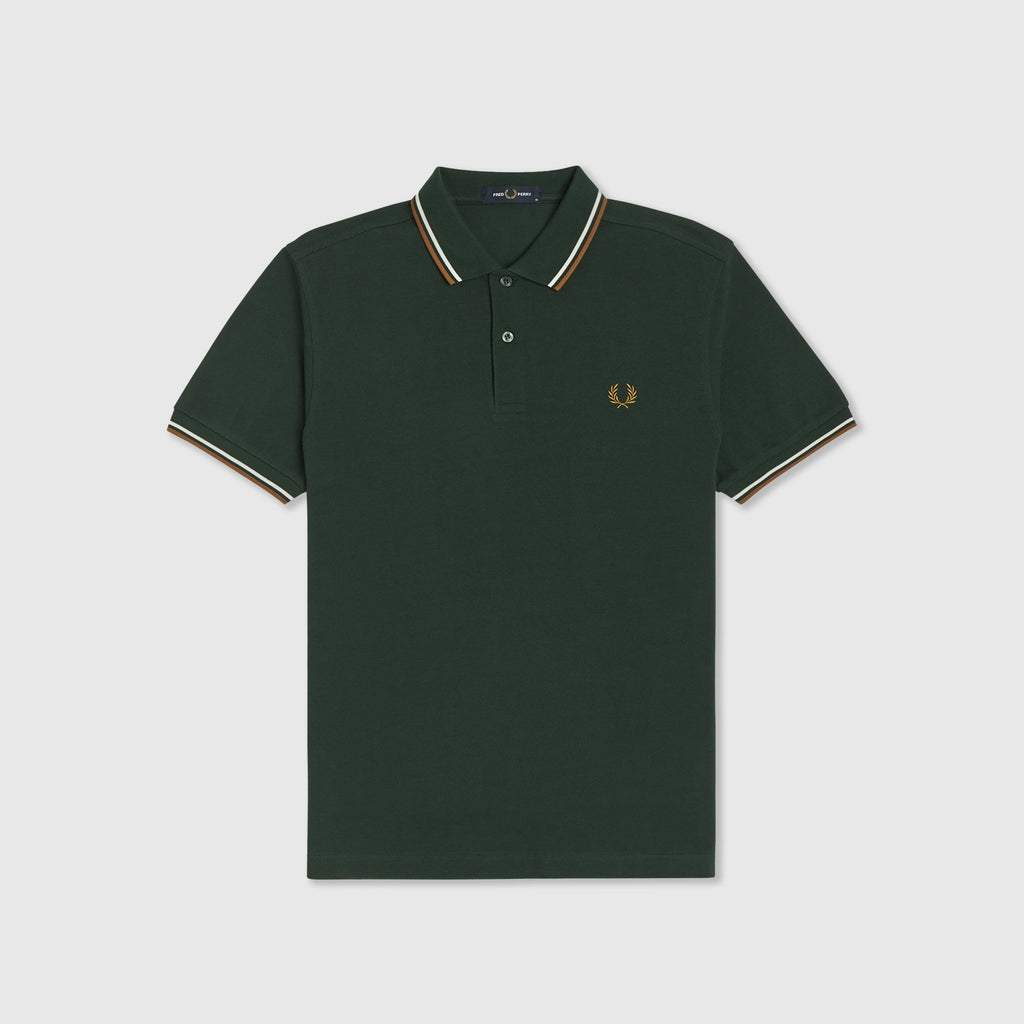 Fred Perry SS Twin Tipped Polo Shirt - Evergreen / Snow White / Dark Caramel Front