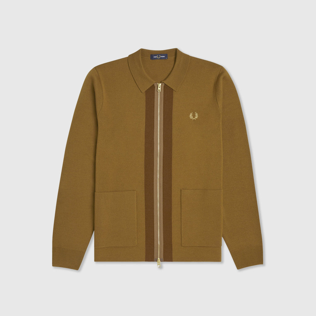 Fred Perry Zip Through Cardigan - Dark Caramel Front